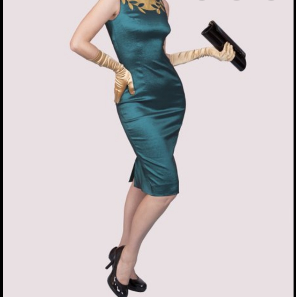 Sleeveless Teal Sheath Dress with Gold Leaf Detail